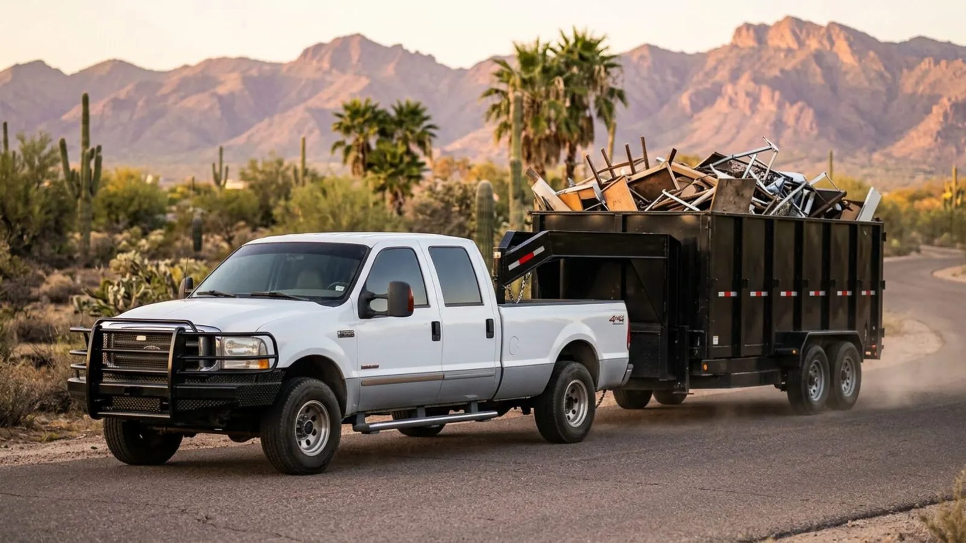 Pickup and trailer loaded with household junk on a desert road outside Tucson