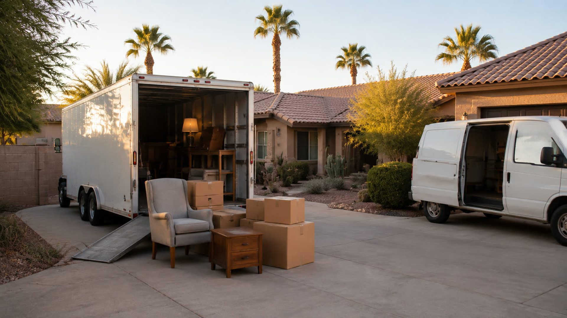 Furniture and boxes being loaded into a trailer outside an Arizona home